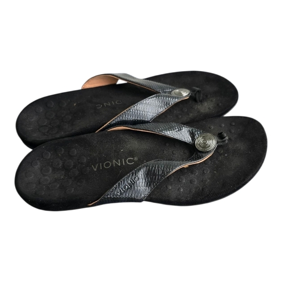 Vionic Black Sandals Women Size 11 Silver Detail Summer Comfort - Picture 2 of 12